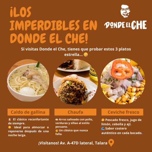 Infografía de los platos imperdibles en uno de los mejores restaurantes de Talara: Donde el Che